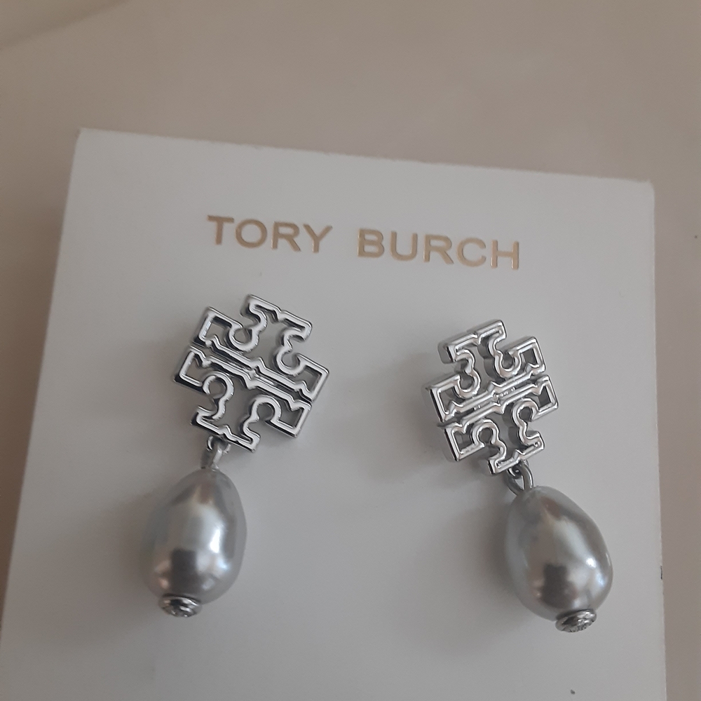 Tory Burch Silver Logo Pearl Drop Earrings